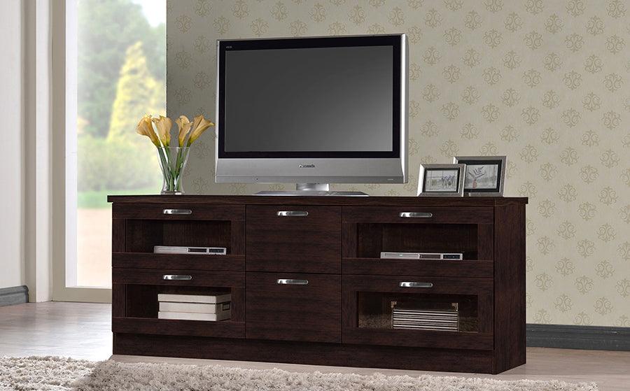 Wholesale Interiors TV & Media Units - Adelino 63 Inches Dark Brown Wood TV Cabinet with 4 Glass Doors and 2 Drawers Dark Brown