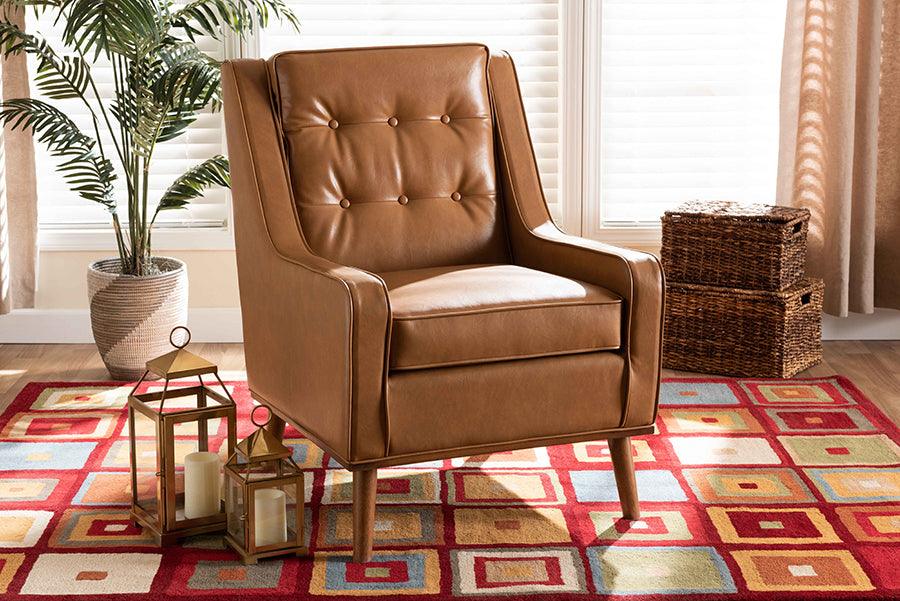 Wholesale Interiors Accent Chairs - Daley Tan Faux Leather Upholstered and Walnut Brown Finished Wood Lounge Armchair