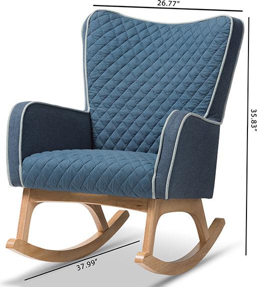 Zoelle Mid Century Modern Blue Fabric Upholstered Natural Finished Rocking Chair