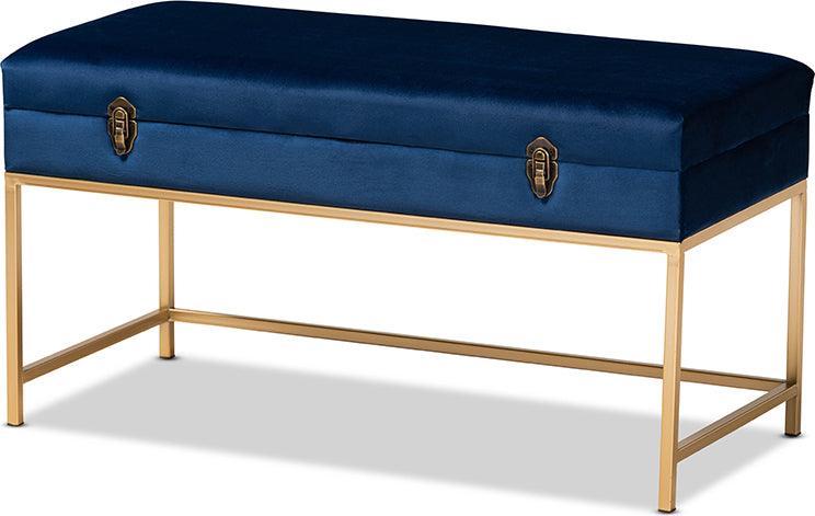 Wholesale Interiors Ottomans & Stools - Aliana Navy Blue Velvet Fabric Upholstered and Gold Finished Metal Large Storage Ottoman