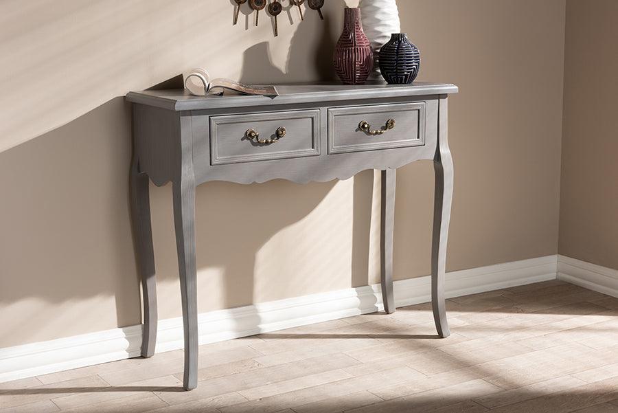 Wholesale Interiors Consoles - Capucine Antique French Country Cottage Gray Finished Wood 2-Drawer Console Table