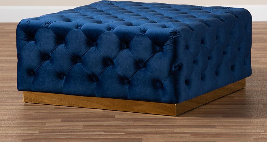 Wholesale Interiors Ottomans & Stools - Verene Glam & Luxe Royal Blue Velvet Gold Finished Square Cocktail Ottoman