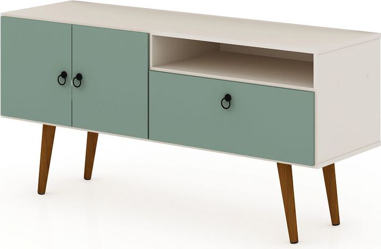 Manhattan Comfort TV & Media Units - Tribeca 53.94 Mid-Century Modern TV Stand with Solid Wood Legs in Off White & Green Mint