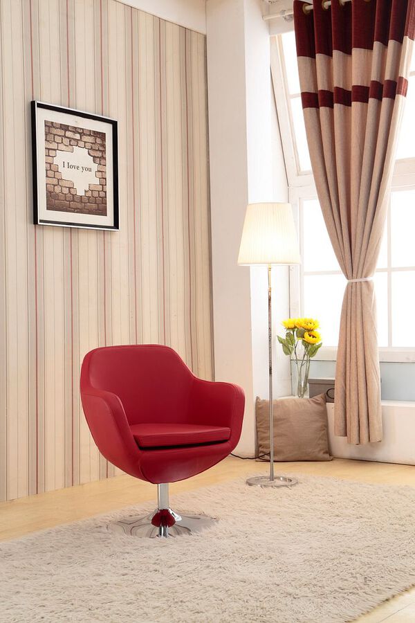 Manhattan Comfort Accent Chairs - Caisson Red & Polished Chrome Faux Leather Swivel Accent Chair