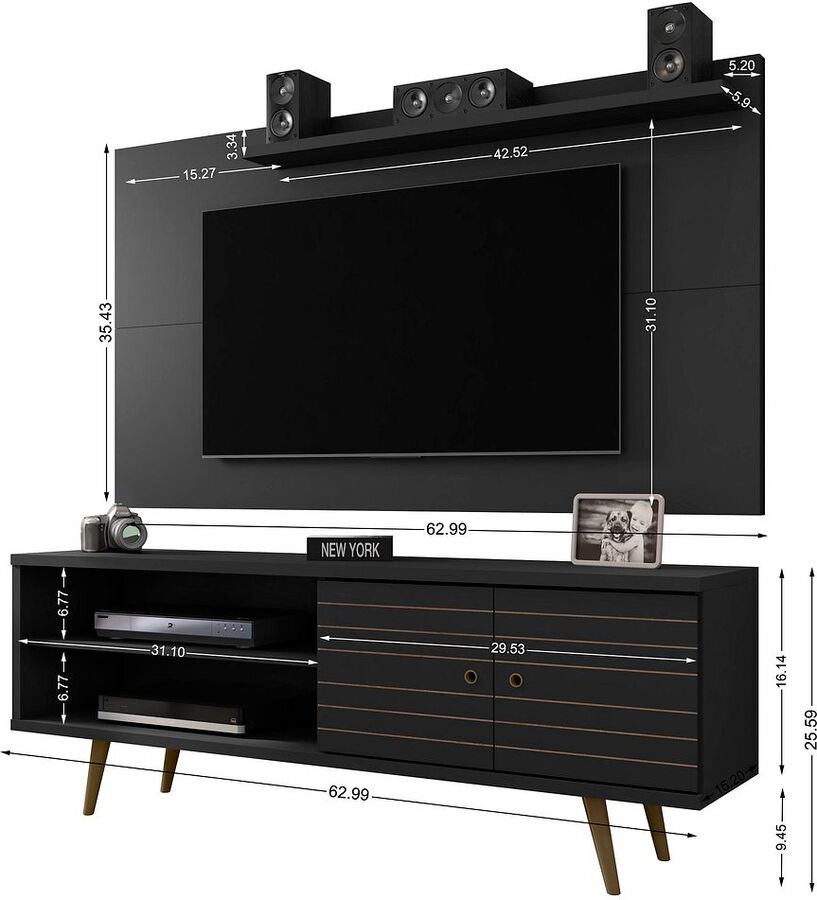 Manhattan Comfort TV & Media Units - Liberty 62.99 Mid-Century Modern TV Stand & Panel with Solid Wood Legs in Black