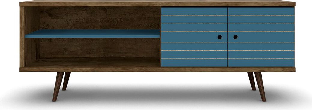 Manhattan Comfort TV & Media Units - Liberty 62.99" Mid-Century - Modern TV St& Rustic Brown & Aqua Blue