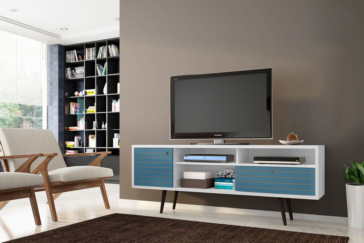 Manhattan Comfort TV & Media Units - Liberty 70.86" Mid-Century - Modern TV Stand with 4 Shelving Spaces & 1 Drawer in White & Aqua Blue