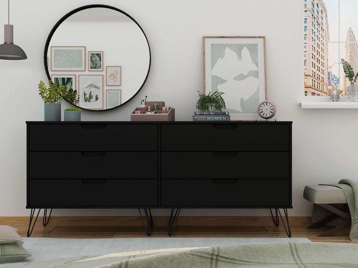 Manhattan Comfort Dressers - Rockefeller 6-Drawer Double Low Dresser with Metal Legs in Black