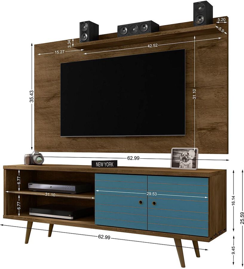 Manhattan Comfort TV & Media Units - Liberty 62.99 Mid-Century Modern TV Stand & Panel with Solid Wood Legs in Rustic Brown & Aqua Blue