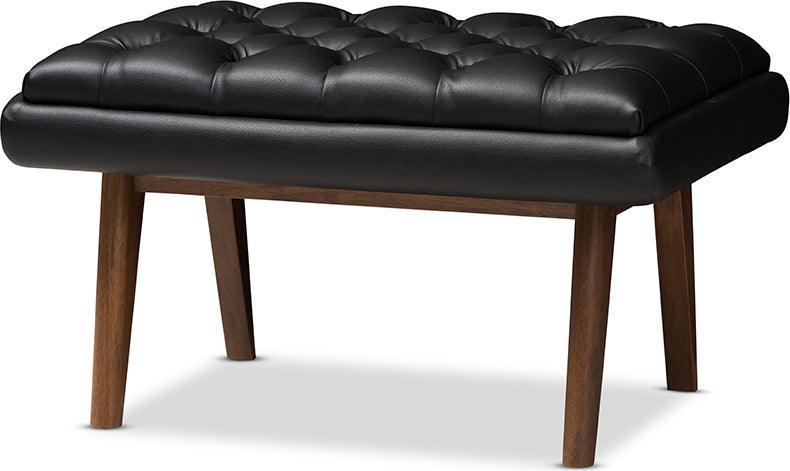 Wholesale Interiors Ottomans & Stools - Annetha Mid-Century Modern Black Faux Leather Walnut Wood Ottoman