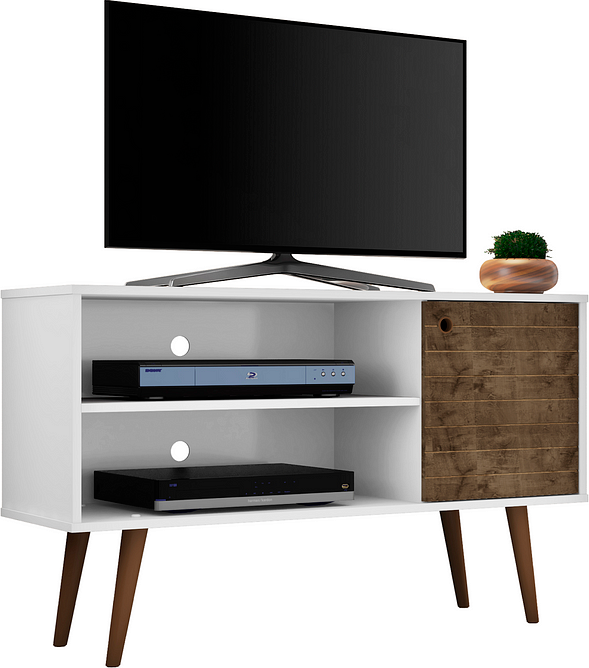 Manhattan Comfort TV & Media Units - Liberty 42.52" Mid-Century - Modern TV Stand with 2 Shelves & 1 Door in White & Rustic Brown