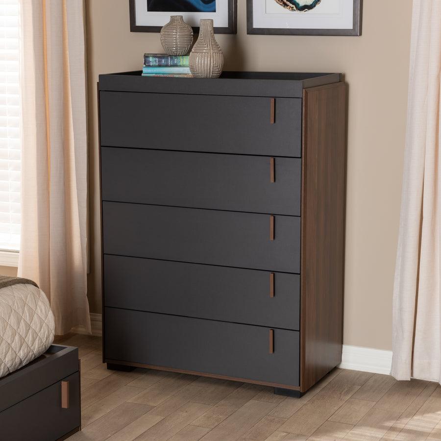 Wholesale Interiors Chest of Drawers - Rikke Modern and Contemporary Two-Tone Gray and Walnut Finished Wood 5-Drawer Chest