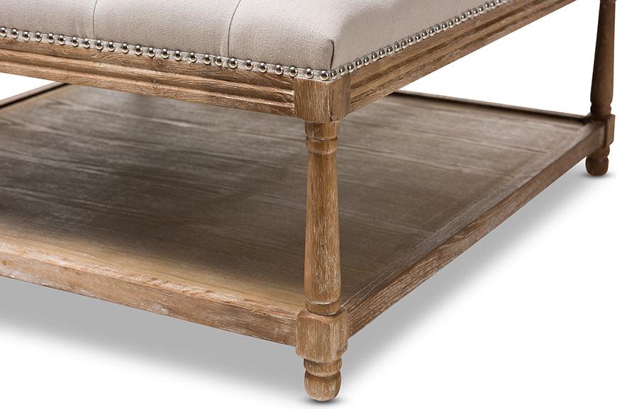 Wholesale Interiors Ottomans & Stools - Carlotta French Country Weathered Oak Beige Linen Square Coffee Table Ottoman