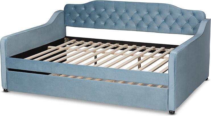 Wholesale Interiors Daybeds - Freda Contemporary Blue Velvet and Button Tufted Queen Size Daybed with Trundle