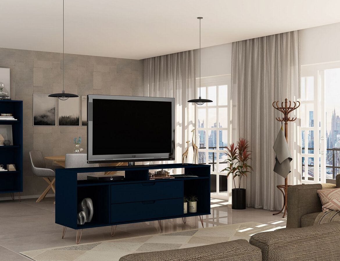 Manhattan Comfort TV & Media Units - Rockefeller 62.99 TV Stand with Metal Legs & 2 Drawers in Tatiana Midnight Blue