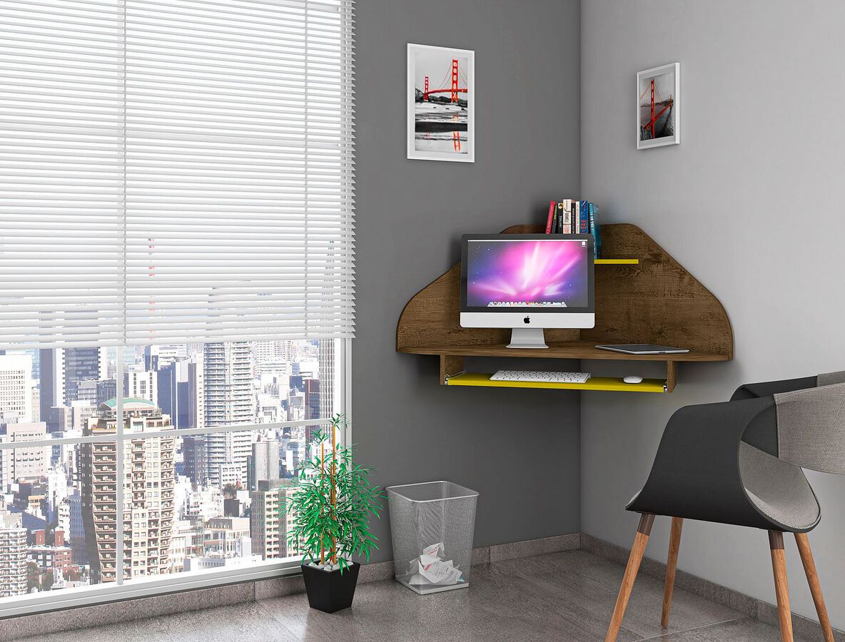 Manhattan Comfort Desks - Bradley Corner Desk with Keyboard Shelf in Rustic Brown & Yellow