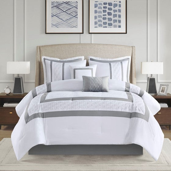 Olliix.com Comforters & Blankets - 8 Piece Embroidered Comforter Set White Queen