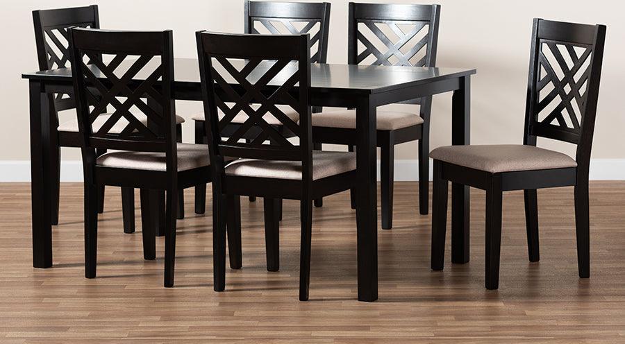 Wholesale Interiors Dining Sets - Caron Sand Fabric Upholstered Espresso Brown Finished Wood 7-Piece Dining Set