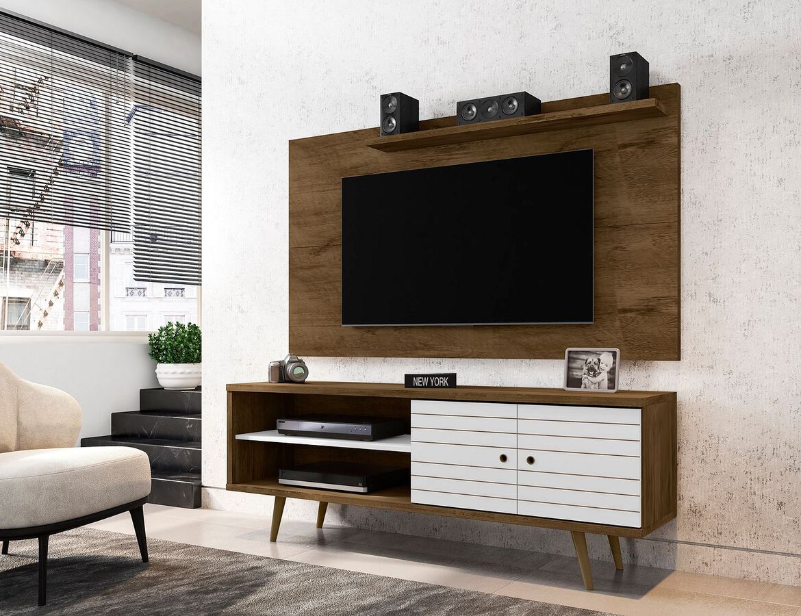 Manhattan Comfort TV & Media Units - Liberty 62.99 Mid-Century Modern TV Stand & Panel with Solid Wood Legs in Rustic Brown & White