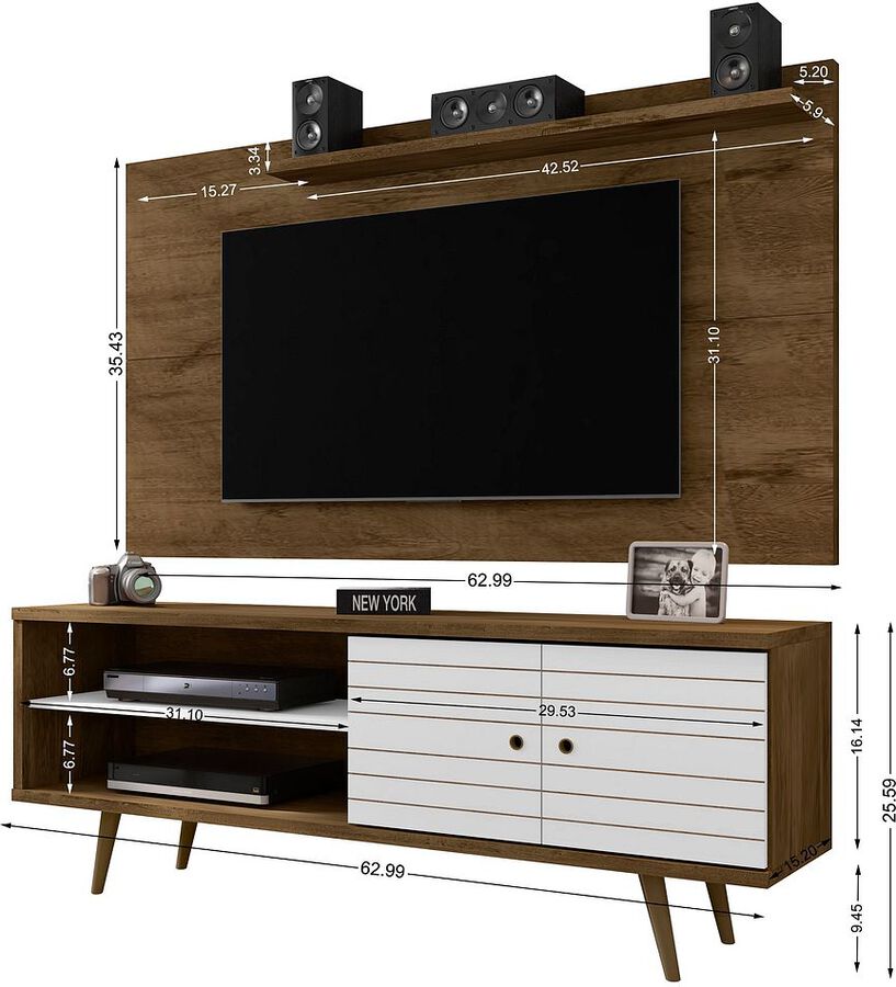 Manhattan Comfort TV & Media Units - Liberty 62.99 Mid-Century Modern TV Stand & Panel with Solid Wood Legs in Rustic Brown & White