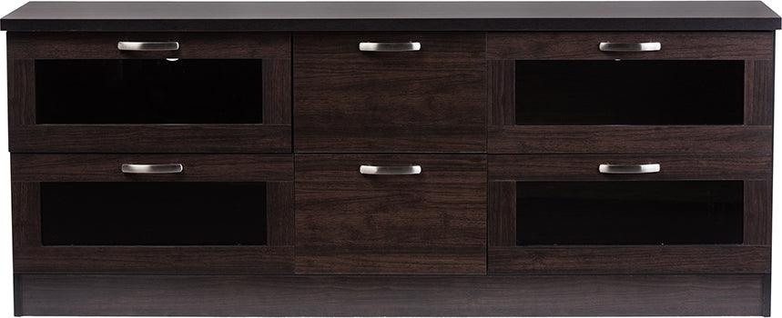 Wholesale Interiors TV & Media Units - Adelino 63 Inches Dark Brown Wood TV Cabinet with 4 Glass Doors and 2 Drawers Dark Brown