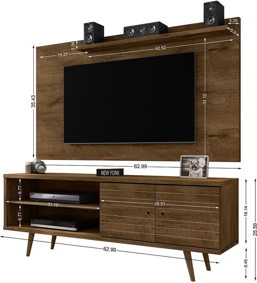 Manhattan Comfort TV & Media Units - Liberty 62.99 Mid-Century Modern TV Stand & Panel with Solid Wood Legs in Rustic Brown