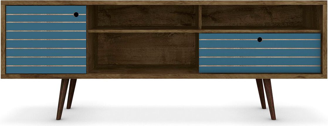 Manhattan Comfort TV & Media Units - Liberty 70.86" Mid-Century - Modern TV St& Rustic Brown & Aqua Blue