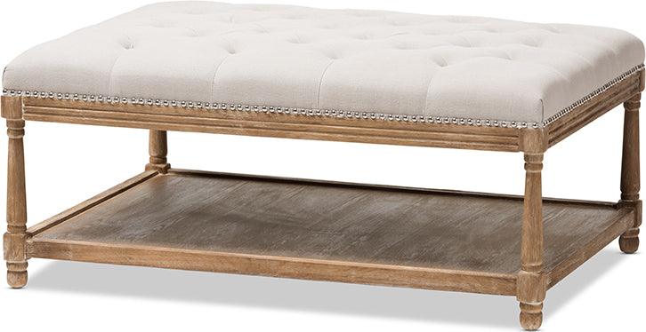 Wholesale Interiors Ottomans & Stools - Carlotta French Country Weathered Oak Beige Linen Rectangular Coffee Table Ottoman