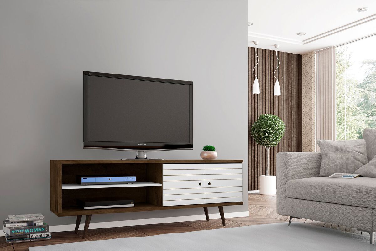 Manhattan Comfort TV & Media Units - Liberty 62.99" Mid-Century - Modern TV St& Rustic Brown & White