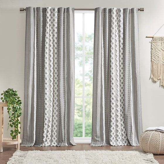 Olliix.com Curtains - Cotton Printed Curtain Panel with Chenille Stripe and Lining Gray