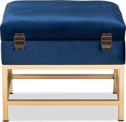 Wholesale Interiors Ottomans & Stools - Aliana Navy Blue Velvet Fabric Upholstered and Gold Finished Metal Small Storage Ottoman