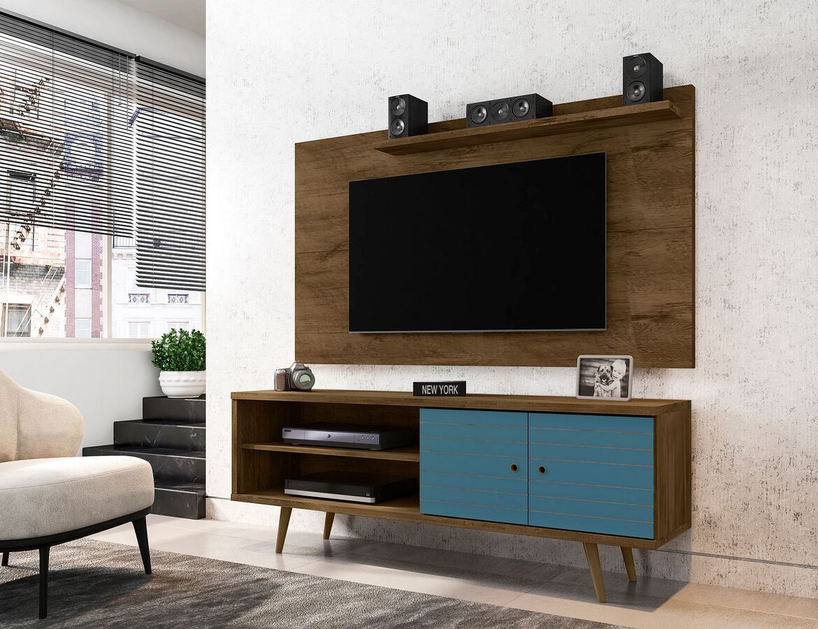 Manhattan Comfort TV & Media Units - Liberty 62.99 Mid-Century Modern TV Stand & Panel with Solid Wood Legs in Rustic Brown & Aqua Blue