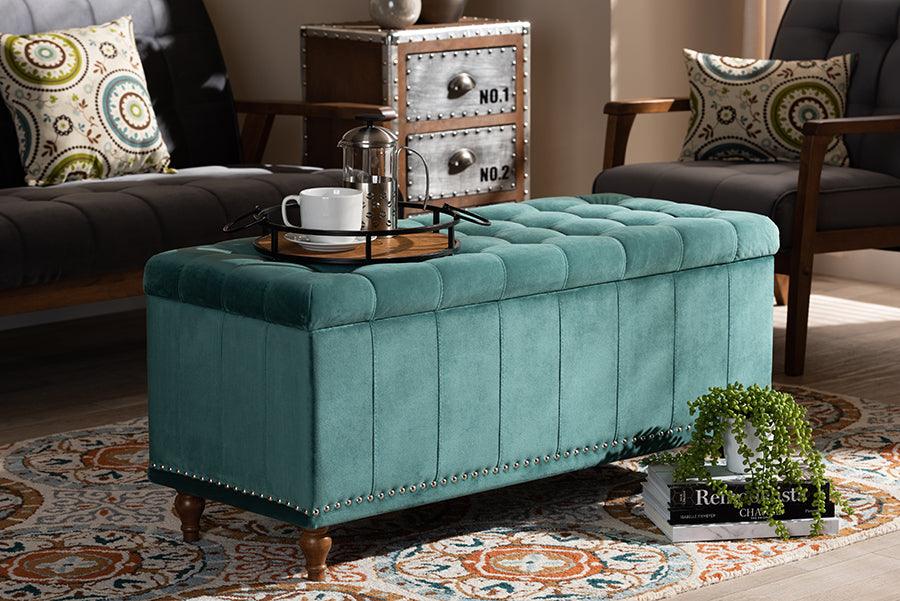 Wholesale Interiors Ottomans & Stools - Kaylee Modern and Contemporary Teal Blue Velvet Button-Tufted Storage Ottoman Bench