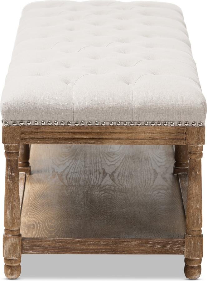 Wholesale Interiors Benches - Celeste French Country Weathered Oak Beige Linen Upholstered Ottoman Bench