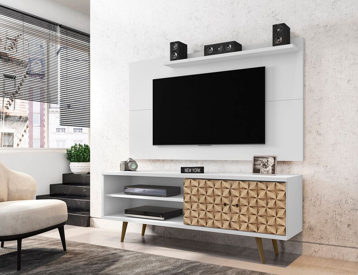 Manhattan Comfort TV & Media Units - Liberty 62.99 Mid-Century Modern TV Stand & Panel with Solid Wood Legs in White & 3D Brown Prints