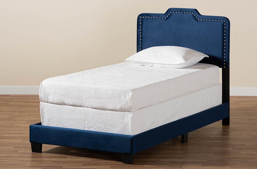 Wholesale Interiors Beds - Benjen Glam Navy Blue Velvet Fabric Upholstered Twin Size Panel Bed