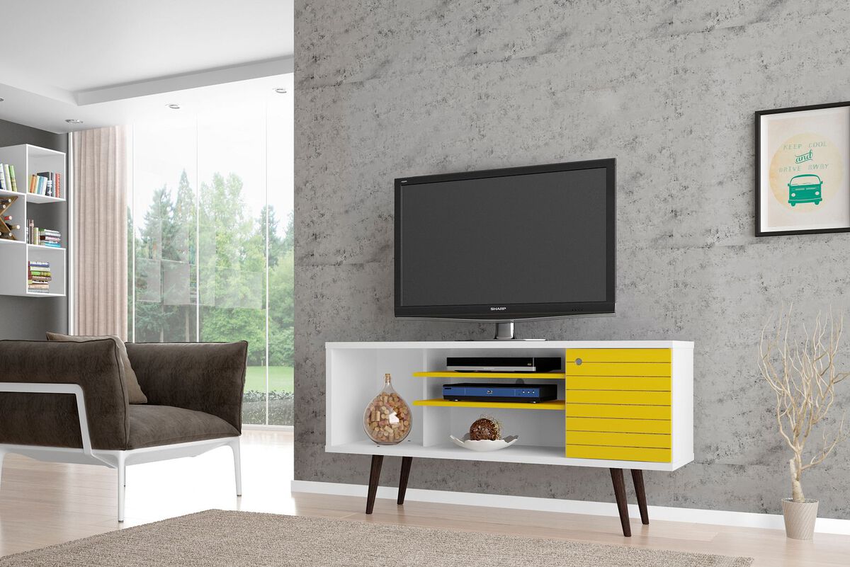 Manhattan Comfort TV & Media Units - Liberty 53.14" Mid-Century - Modern TV St& White & Yellow