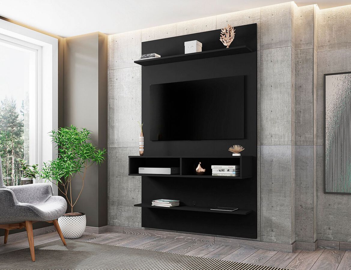 Manhattan Comfort TV & Media Units - Libra Long Floating 45.35 Wall Entertainment Center with Overhead Shelf in Black