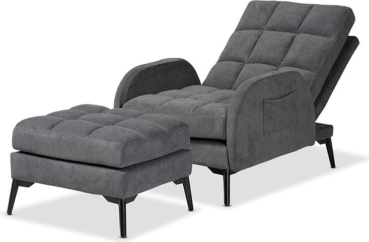 Wholesale Interiors Living Room Sets - Belden Grey Velvet Fabric Upholstered and Black Metal 2-Piece Recliner Chair and Ottoman Set