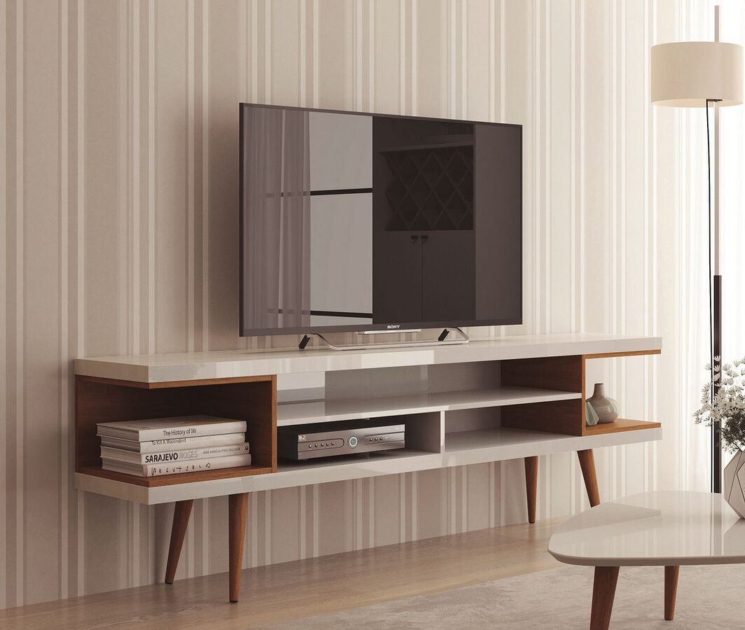 Manhattan Comfort TV & Media Units - Utopia 70.47" TV Stand with Splayed Wooden Legs & 4 Shelves in White Gloss & Maple Cream