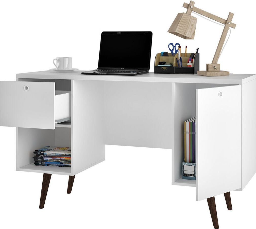 Manhattan Comfort Desks - Edgar 1-Drawer Mid-Century Office Desk in White