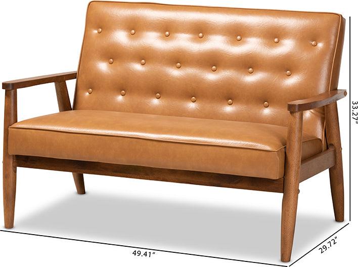 Wholesale Interiors Loveseats - Sorrento Tan Faux Leather Upholstered and Walnut Brown Finished Wood Loveseat