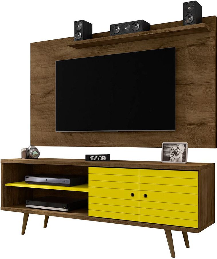 Manhattan Comfort TV & Media Units - Liberty 62.99 Mid-Century Modern TV Stand & Panel with Solid Wood Legs in Rustic Brown & Yellow