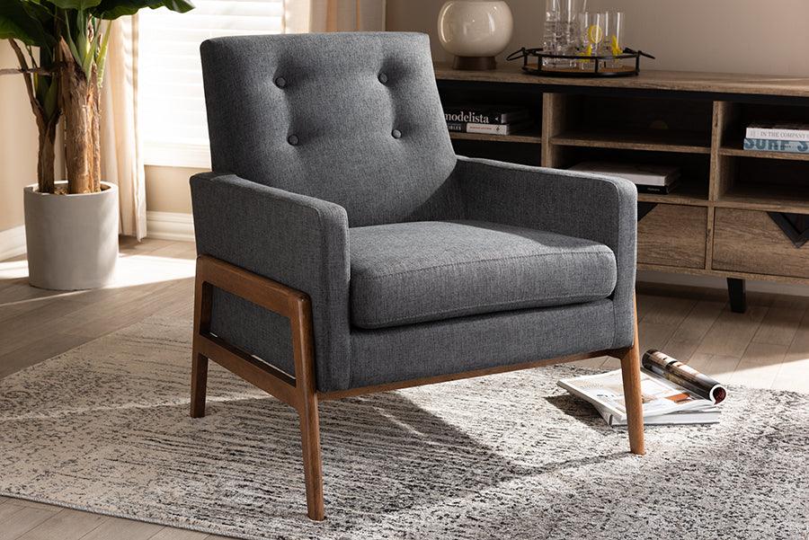 Wholesale Interiors Accent Chairs - Perris Mid-Century Modern Dark Gray Fabric Upholstered Walnut Wood Lounge Chair