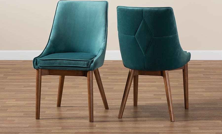 Wholesale Interiors Dining Chairs - Gilmore Contemporary Teal Velvet Brown Finished Wood 2-Piece Dining Chair Set