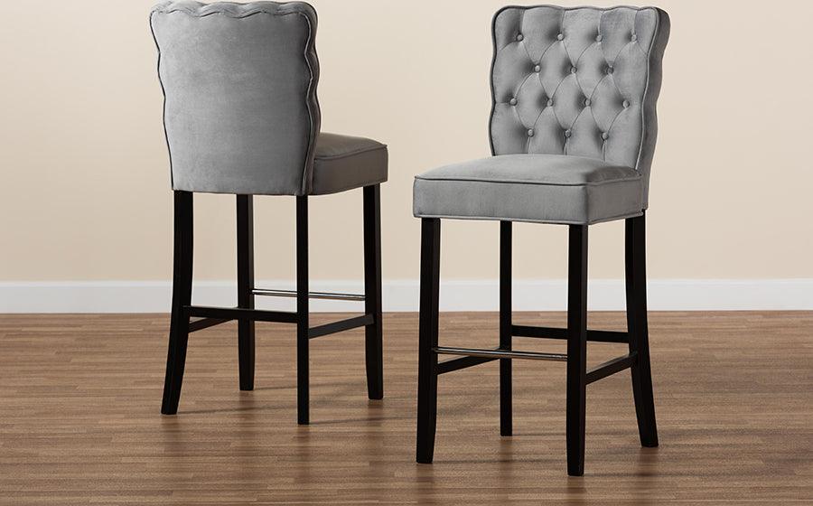 Wholesale Interiors Barstools - Daphne Dark Grey Velvet Fabric Upholstered and Dark Brown Finished Wood 2-Piece Bar Stool Set