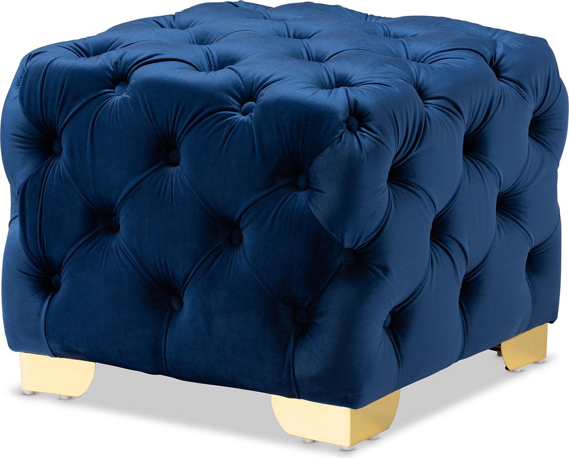 Wholesale Interiors Ottomans & Stools - Avara Royal Blue Velvet Fabric Upholstered Gold Finished Button Tufted Ottoman