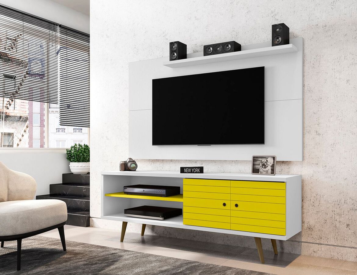 Manhattan Comfort TV & Media Units - Liberty 62.99 Mid-Century Modern TV Stand & Panel with Solid Wood Legs in White & Yellow