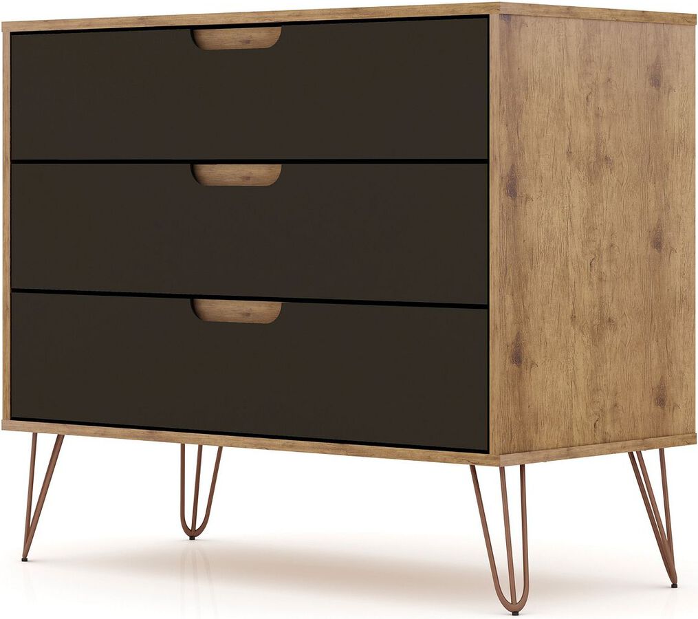 Manhattan Comfort Dressers - Rockefeller Mid-Century- Modern Dresser with 3- Drawers in Nature & Textured Gray