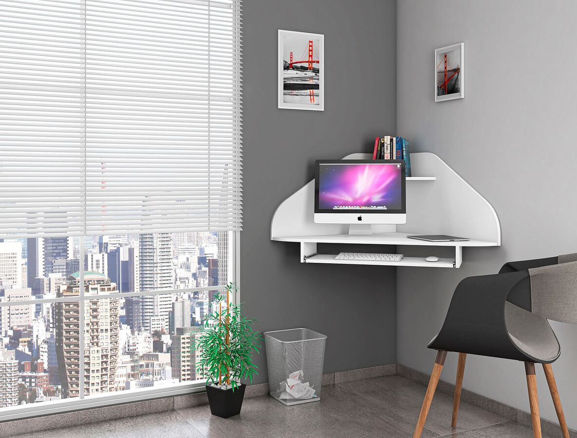 Manhattan Comfort Desks - Bradley Floating Corner Desk with Keyboard Shelf in White